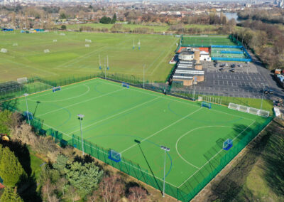A drone view of the sports ground with the all-weather pitch, car park, clubhouse, tennis courts, 3G pitch and grass pitches.