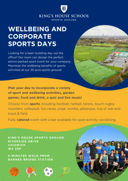 Poster with information about corporate wellbeing and sports days at KHSG
